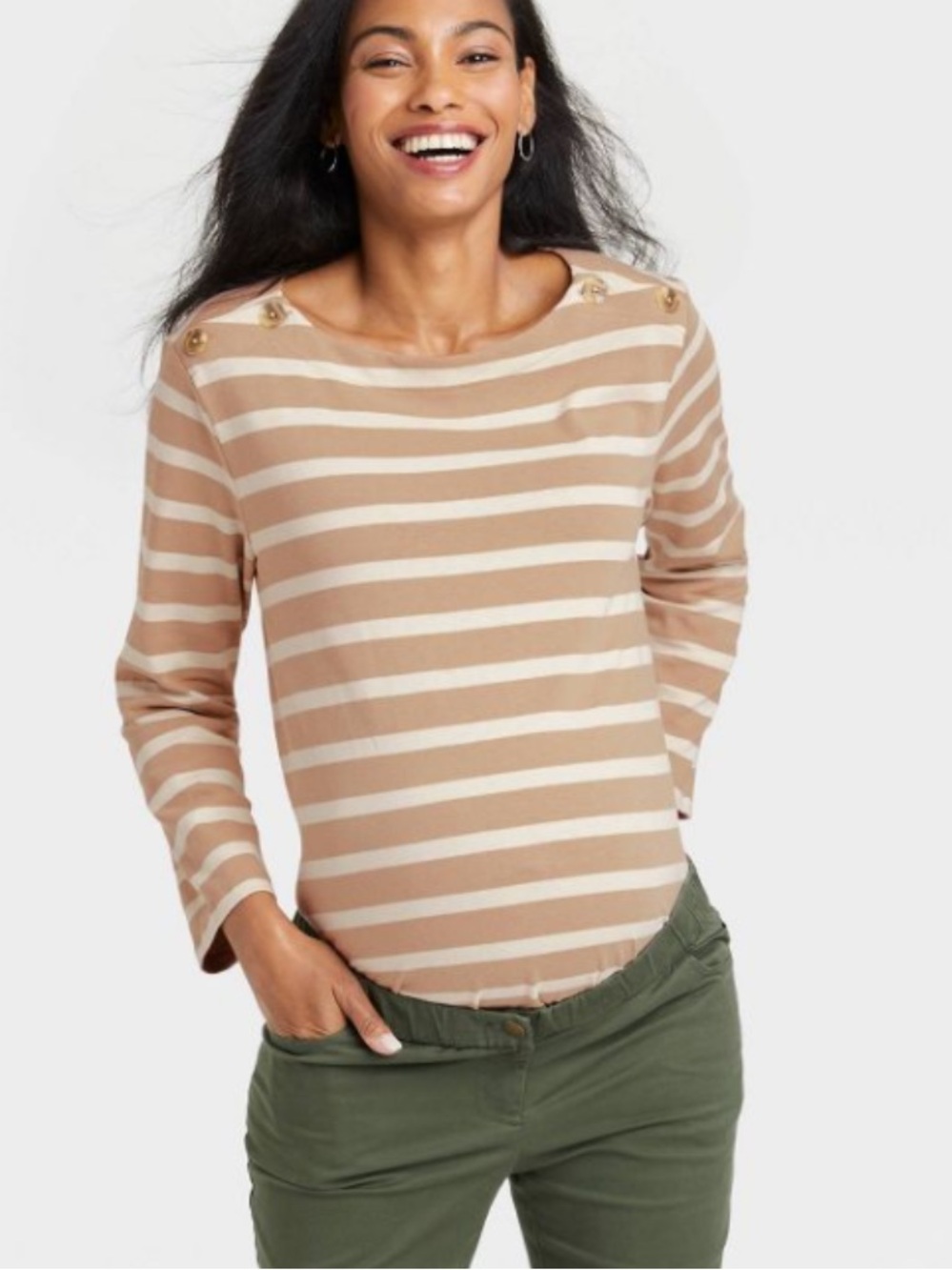 The Nines by Hatch Striped Boatneck Maternity Top in Beige & Cream